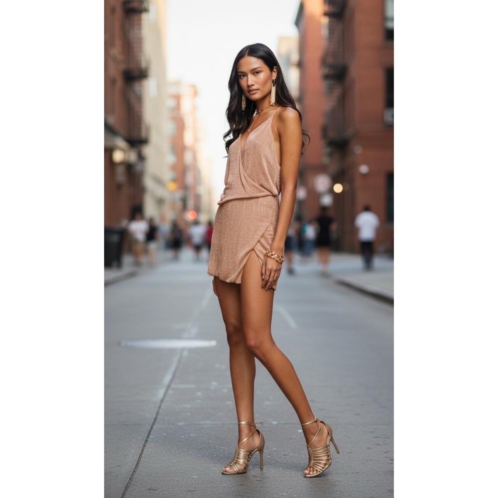 Ramy Brook CARMELA WRAP Rose Gold Mini Dress Slit Cocktail Party Holiday *READ*